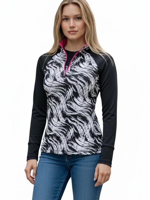 Ideology Black & White Swirl Long-Sleeve Quarter Zip With Pink Trim